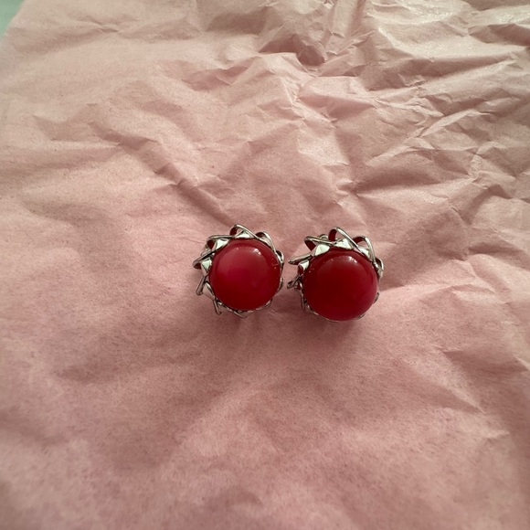 Vintage Red Cabochon Clip-On Earrings - Picture 1 of 3